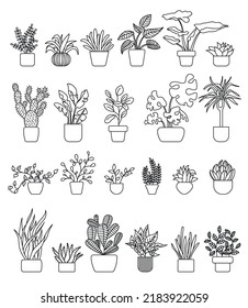 Stroke home plant set, vector outline houseplants in pots