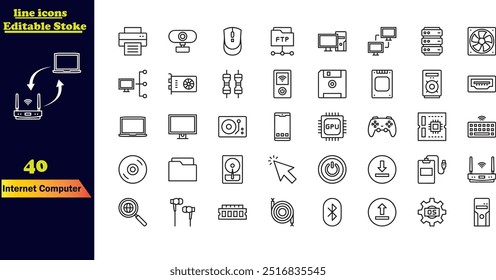 Coleção de ícones de traçado para Internet e computadores, apresentando ícones para online, computador, rede, site, servidor, web design, hardware, software e programação.
