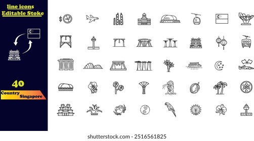 Stroke icon collection representing Singapore. A set featuring architecture, fashion, people, items, and nature, capturing the essence of the country’s background and culture.