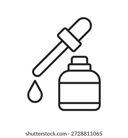 Icono del movimiento de un gotero cosmético con una gota líquida, arte de línea limpio, detalle mínimo