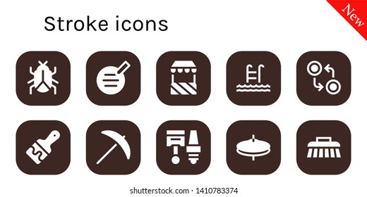 stroke icon set. 10 filled stroke icons.  Collection Of - Virus, Writer, Stand, Swim, Currency, Paint brush, Pick, Components, Cymbals, Brush