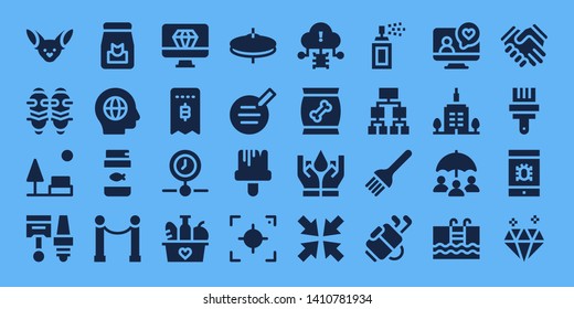 stroke icon set. 32 filled stroke icons. on blue background style Collection Of - Fennec, Shin guards, Park, Components, Food, Global, Fish food, Line, Diamond, Invoice, Processing
