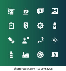 stroke icon set. Collection of 16 filled stroke icons included Login, Diamond, Factory, Water bottle, Brace, Remove user, Help, Management, Water heater, Test, Influencer, Chat