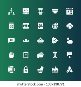 stroke icon set. Collection of 25 filled stroke icons included Teamwork, Water market, Bowl, Login, Focus, Chat, Text width, Gloves, Test, WASHING HANDS, Kanji vadas, Pamela, Cloud computing