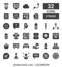 stroke icon set. Collection of 32 filled stroke icons included Diamond, Food, Chat, Focus, Brush, Factory, Water bottle, Discount, Car, Safebox, Gloves, Wikipedia, Colours, Digital picture frame
