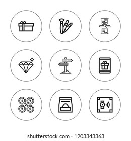 Stroke icon set. collection of 9 outline stroke icons with chat, brushes, currency, diamond, food, gift, safebox icons. editable icons.