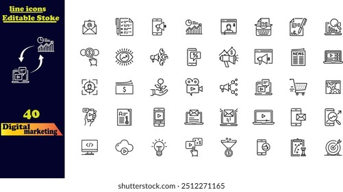 Conjunto de iconos de trazo para marketing digital. Esta colección incluye íconos para SEO, creación de contenido, Sitios web, redes sociales, ventas y publicidad en línea.