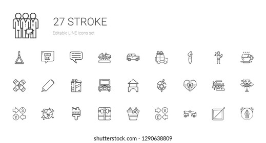 stroke icons set. Collection of stroke with car, currency, gifts, gift, brush, worldwide, global, bricks, stand, highlighter, teamwork, vector. Editable and scalable stroke icons.