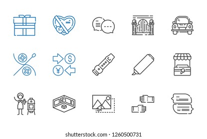 stroke icons set. Collection of stroke with chat, glove, image, exhibition, vertical, stand, highlighter, flute, currency, sewing, car, gateway. Editable and scalable stroke icons.