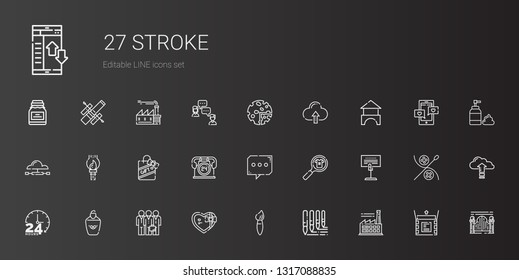 stroke icons set. Collection of stroke with factory, brushes, brush, gift, teamwork, highlighter, hours, holder, product, chat, paint brush. Editable and scalable stroke icons.