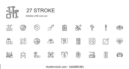 stroke icons set. Collection of stroke with factory, gift, vector, teamwork, bricks, mixed, currency, chat, products, car, brush, space telescope. Editable and scalable stroke icons.