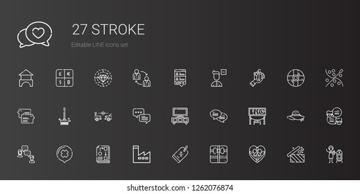 stroke icons set. Collection of stroke with gift, discount, factory, workflow, chat, exhibition, stand, car, brushes, remove user, vertical. Editable and scalable stroke icons.