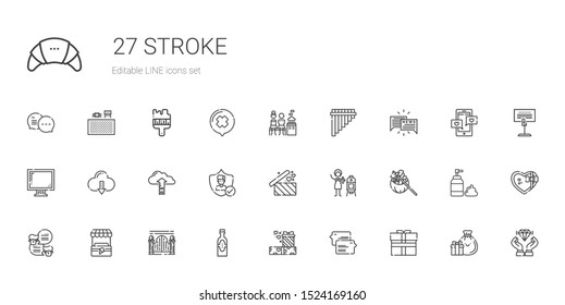 stroke icons set. Collection of stroke with gift, chat, gifts, products, gateway, stand, vertical, insurance, cloud computing, display, flute. Editable and scalable stroke icons.