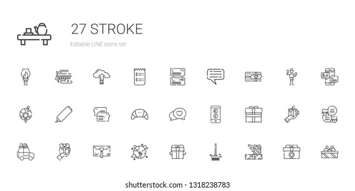 stroke icons set. Collection of stroke with gifts, brushes, gift, worldwide, car, currency, chat, products, highlighter, global, brush, invoice. Editable and scalable stroke icons.