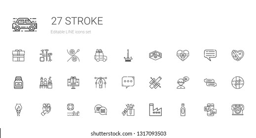 stroke icons set. Collection of stroke with products, factory, gifts, chat, swimming pool, gift, paint brush, hubble space telescope, vector. Editable and scalable stroke icons.