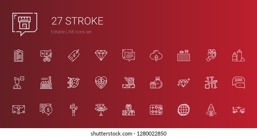 stroke icons set. Collection of stroke with worldwide, components, gifts, cloud computing, brush, chat, gift, diamond, factory, remove user. Editable and scalable stroke icons.