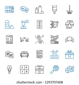 stroke icons set. Collection of stroke with worldwide, product, gift, currency, paint brush, swimming pool, chat, car, products, sewing, workflow. Editable and scalable stroke icons.