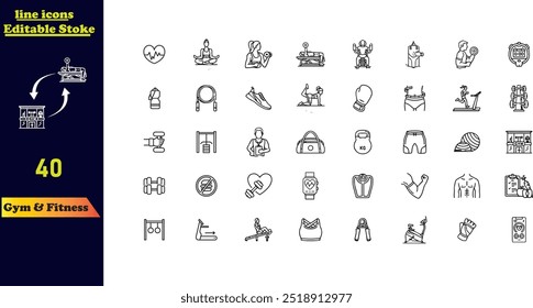 Stroke line icon set for gym, fitness, and a healthy lifestyle, including training, workouts, biceps, running, diet, bodybuilding, yoga, equipment, and health care.