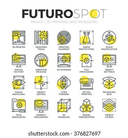 Stroke line icons set of 3D modeling, 3D printing and scanning technology. Modern flat linear pictogram concept. Premium quality outline symbol collection. Simple vector material design, web graphics.