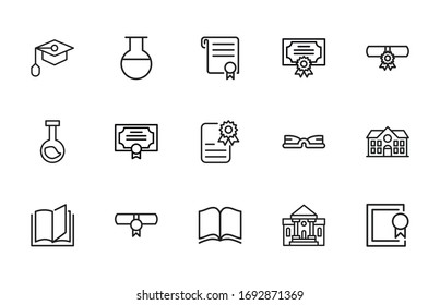 Stroke line icons set of academy. Simple symbols for app development and website design. Vector outline pictograms isolated on a white background. Pack of stroke icons. 