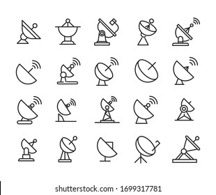 Conjunto de iconos de línea de trazo de la antena. Símbolos simples para el desarrollo de aplicaciones y el diseño de sitios web. Pictogramas de contorno vectorial aislados en un fondo blanco. Paquete de iconos de trazo. 