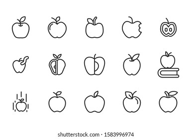 Stroke line icons set of apple. Simple symbols for app development and website design. Vector outline pictograms isolated on a white background. Pack of stroke icons. 