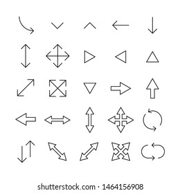 Stroke line icons set of arrow. Simple symbols for app development and website design. Vector outline pictograms isolated on a white background. Pack of stroke icons. 