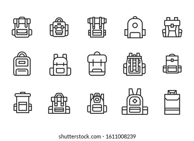 Stroke line icons set of backpack. Simple symbols for app development and website design. Vector outline pictograms isolated on a white background. Pack of stroke icons. 