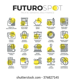 Stroke line icons set of banking and financial services, money savings. Modern flat linear pictogram concept. Premium quality outline symbol collection. Simple vector material design of web graphics.