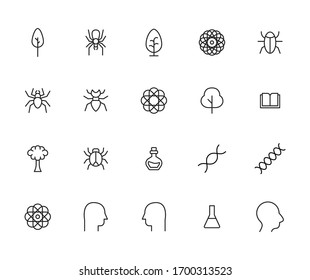 Stroke line icons set of biology. Simple symbols for app development and website design. Vector outline pictograms isolated on a white background. Pack of stroke icons. 