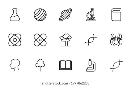 Stroke line icons set of biology. Simple symbols for app development and website design. Vector outline pictograms isolated on a white background. Pack of stroke icons.