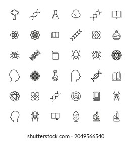 Iconos de línea de trazo conjunto de biología. Símbolos simples para el desarrollo de aplicaciones y el diseño de sitios web. Pictogramas de contorno vectorial aislados en un fondo blanco. Paquete de iconos de trazo.