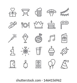 Stroke line icons set of Birthday. Simple symbols for app development and website design. Vector outline pictograms isolated on a white background. Pack of stroke icons. 