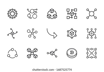 Stroke line icons set of blockchain. Simple symbols for app development and website design. Vector outline pictograms isolated on a white background. Pack of stroke icons. 