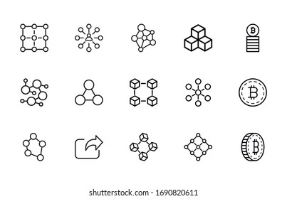 Stroke line icons set of blockchain. Simple symbols for app development and website design. Vector outline pictograms isolated on a white background. Pack of stroke icons. 