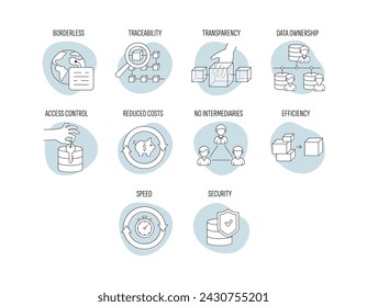 Stroke line icons set of blockchain industry. Modern crypto linear pictogram concept. Outline symbol collection.