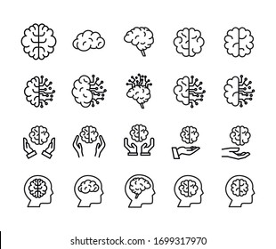 Stroke line icons set of brain. Simple symbols for app development and website design. Vector outline pictograms isolated on a white background. Pack of stroke icons. 