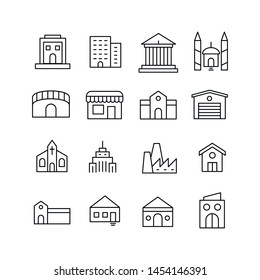 Stroke line icons set of buildings. Simple symbols for app development and website design. Vector outline pictograms isolated on a white background. Pack of stroke icons. 