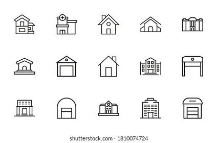 Stroke line icons set of buildings. Simple symbols for app development and website design. Vector outline pictograms isolated on a white background. Pack of stroke icons.