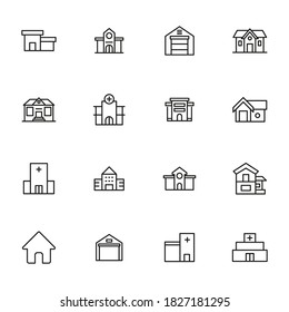 Stroke line icons set of buildings. Simple symbols for app development and website design. Vector outline pictograms isolated on a white background. Pack of stroke icons.