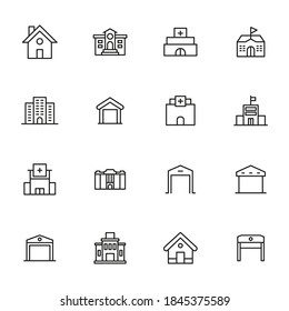 Stroke line icons set of buildings. Simple symbols for app development and website design. Vector outline pictograms isolated on a white background. Pack of stroke icons.