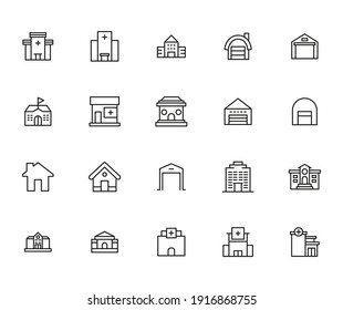 Stroke line icons set of buildings. Simple symbols for app development and website design. Vector outline pictograms isolated on a white background. Pack of stroke icons.