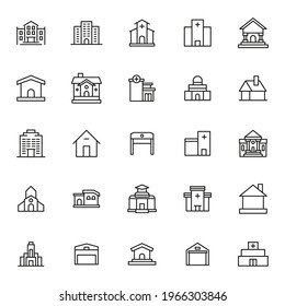 Stroke line icons set of buildings. Simple symbols for app development and website design. Vector outline pictograms isolated on a white background. Pack of stroke icons.