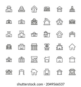 Stroke line icons set of buildings. Simple symbols for app development and website design. Vector outline pictograms isolated on a white background. Pack of stroke icons.