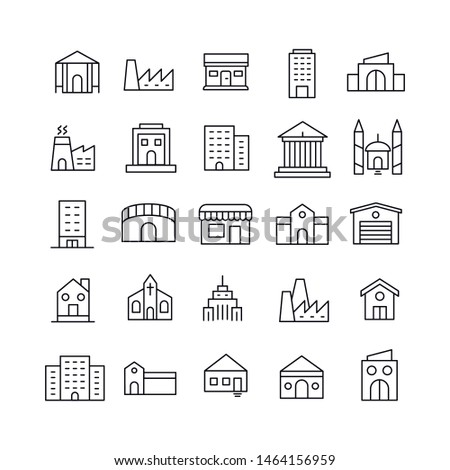 Stroke line icons set of buildings. Simple symbols for app development and website design. Vector outline pictograms isolated on a white background. Pack of stroke icons. 