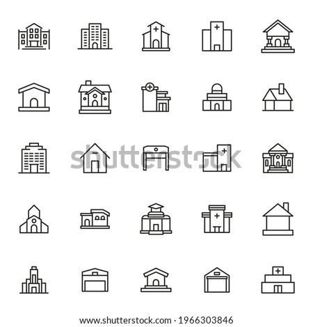 Stroke line icons set of buildings. Simple symbols for app development and website design. Vector outline pictograms isolated on a white background. Pack of stroke icons.