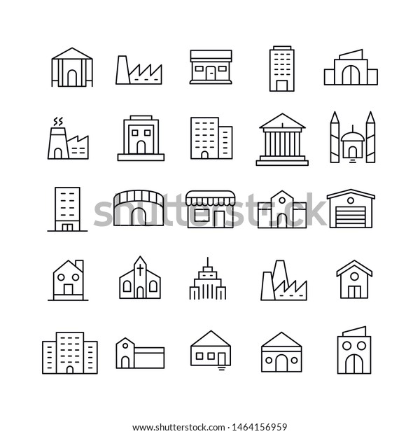 Stroke line icons set\
of buildings. Simple symbols for app development and website\
design. Vector outline pictograms isolated on a white background.\
Pack of stroke icons. 