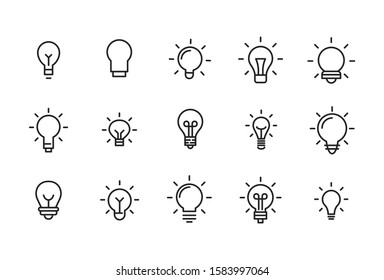 Stroke line icons set of bulb. Simple symbols for app development and website design. Vector outline pictograms isolated on a white background. Pack of stroke icons. 