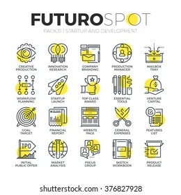 Stroke line icons set of business startup, market vision and brand mission. Modern flat linear pictogram concept. Premium quality outline symbol collection. Simple vector material design, web graphics