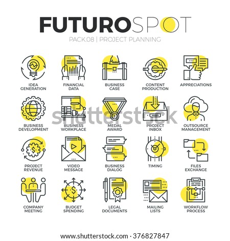 Stroke line icons set of business workflow and project planning process. Modern flat linear pictogram concept. Premium quality outline symbol collection. Simple vector material design of web graphics.